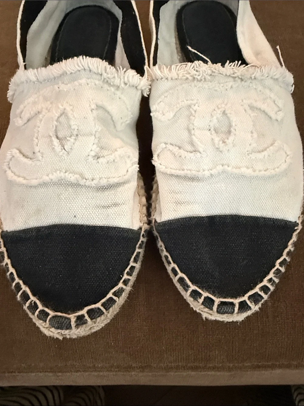 CHANEL White Canvas Espadrilles with Black Cap Toe and CC Logo